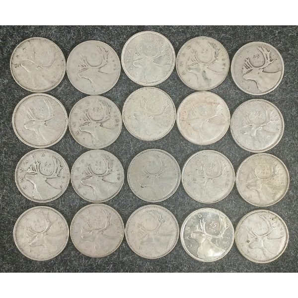 LOT OF 20 - 1937-1968 CDN 25 CENT COINS