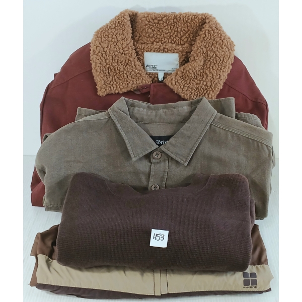 LOT OF 4 - MEN'S BUTTON-UP, SWEATSHIRT & JACKETS - MFG BRIXTON, WESC, INSIGHT & FAMOUS