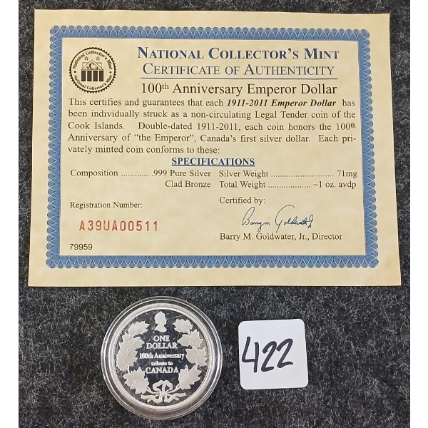 NCM CDN 100TH ANNIVERSARY EMPEROR DOLLAR COIN