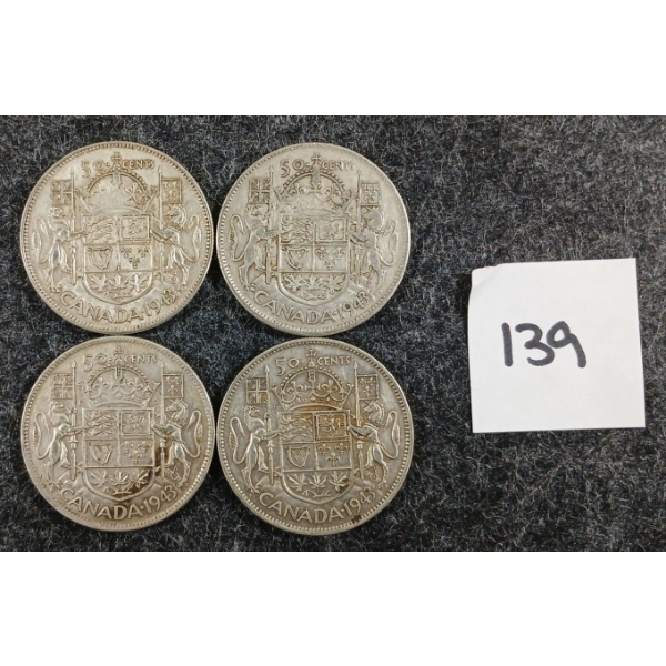LOT OF 4 - 1943 CDN 50 CENT SILVER COINS