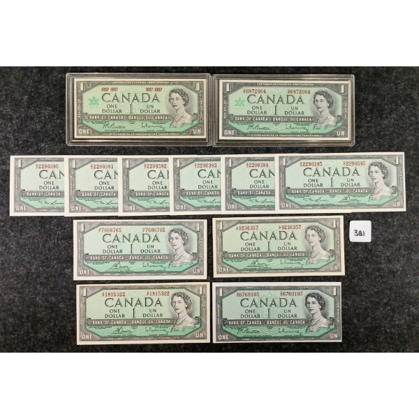 LOT OF 12 - 1954 & 1967 CDN $1 BANKNOTES - CONSECUTIVE & UNCIRCULATED