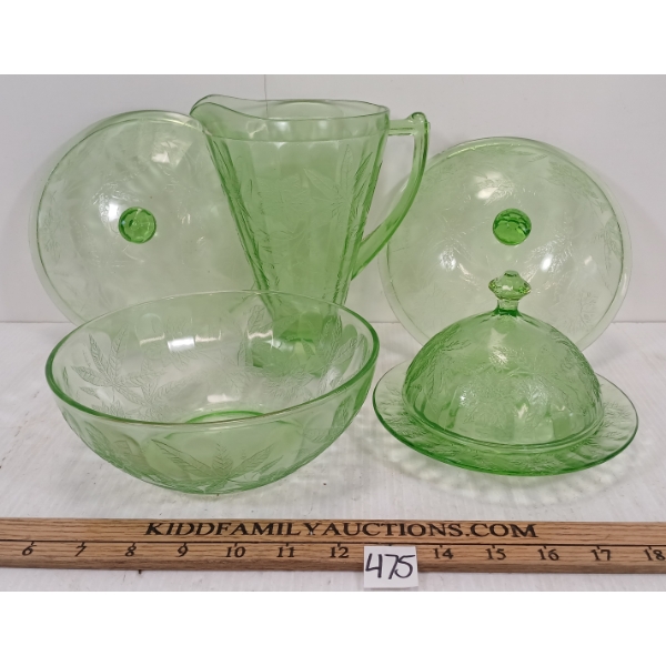 LOT OF 4 - JEANNETTE POINSETTIA URANIUM DEPRESSION GLASSWARE - PITCHER, LID & COVERED DISHES