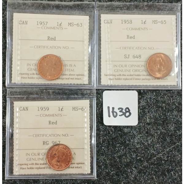 LOT OF 3 - 1957-1959 CDN 1 CENT COINS - RED - ICCS GRADED