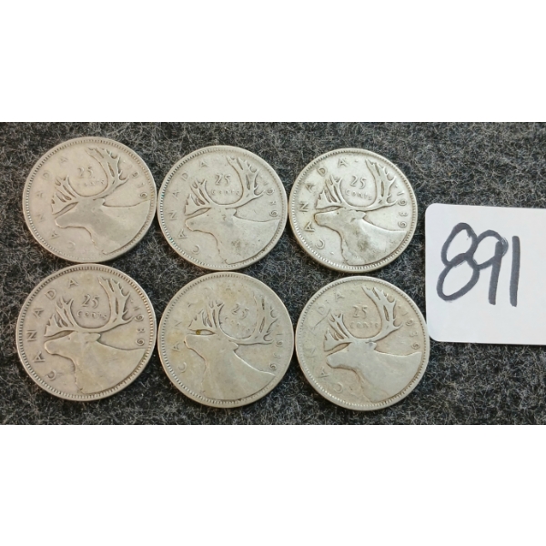 LOT OF 6 - 1939 CDN 25 CENT COINS