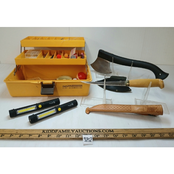 JOB LOT - OLDPAL TACKLE BOX W/ CONTENTS, FILLET KNIFE, FLASHLIGHTS & HATCHET