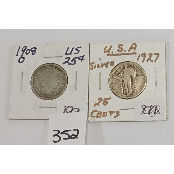 LOT OF 2 - U.S. 25 CENT SILVER PCS - INCL 1908 & 1927