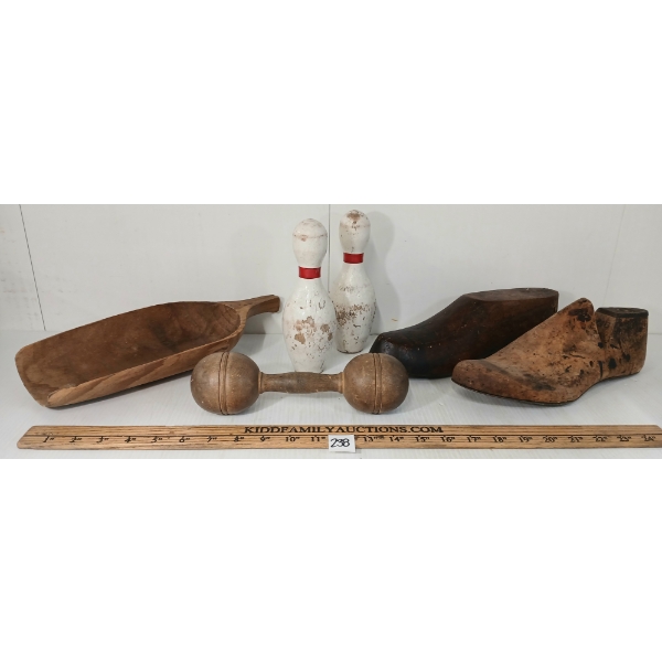 LOT OF 6 - PRIMITIVE SCOOP, SOCK DARNER, SHOE TREES & BOWLING PINS
