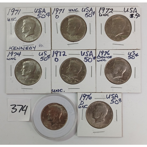 LOT OF 8 - 1971 - '79 US JFK 50 CENT COINS