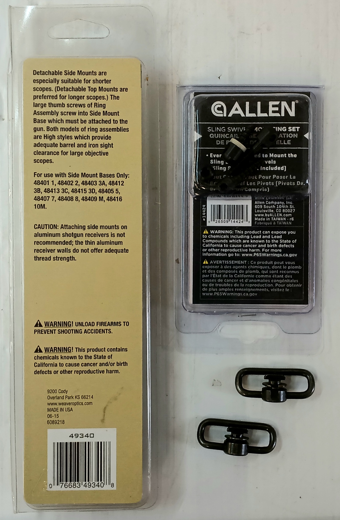 Side Mount Rings LOT OF 3 - WEAVER 1 IN DETACHABLE SIDE MOUNT RINGS, SLING SWIVEL ...