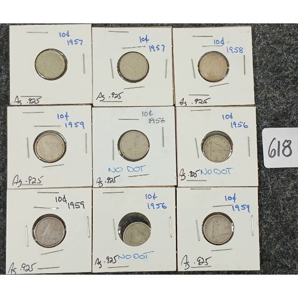 LOT OF 9 - 1956-1959 CDN 10 CENT COINS
