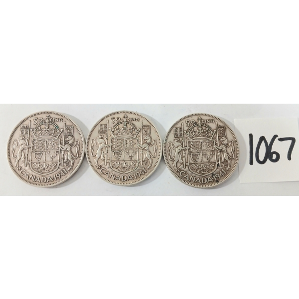 LOT OF 3 - 1941 CDN 50 CENT SILVER COINS