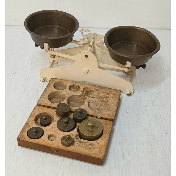 LOT OF 2 - CAST COUNTERTOP SCALE W/ BRASS PANS & QTY OF WEIGHTS