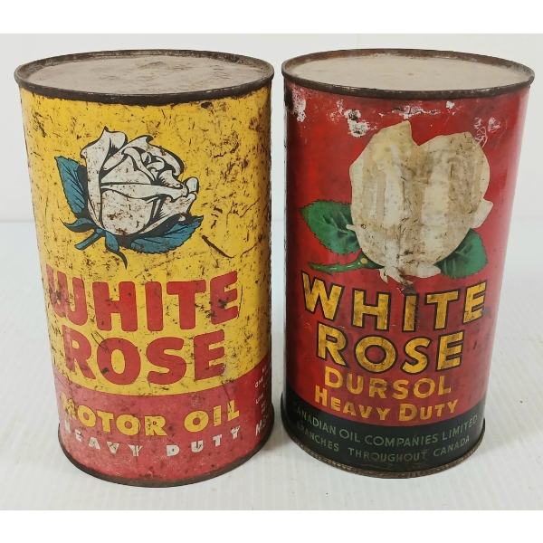 LOT OF 2 - WHITE ROSE DURSOL / HEAVY DUTY MOTOR OIL CANS - QT