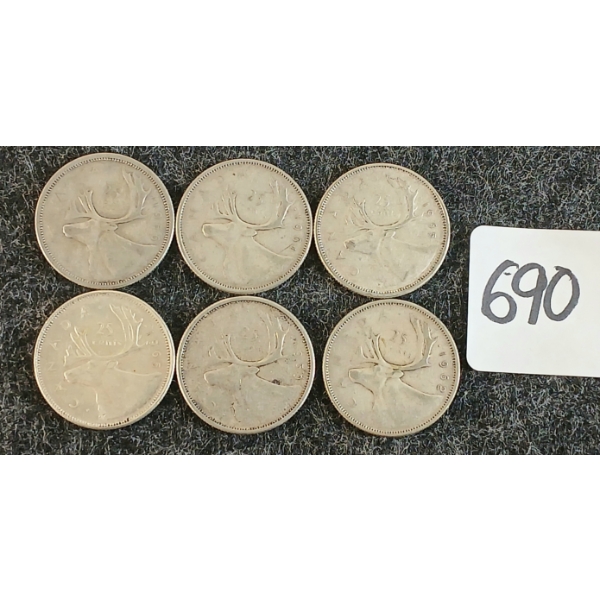LOT OF 6 - 1956-1965 CDN 25 CENT COINS