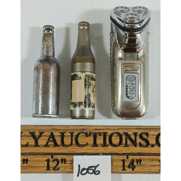LOT OF 3 - SILVER TONE BEER BOTTLES & ELECTRIC RAZOR LIGHTERS