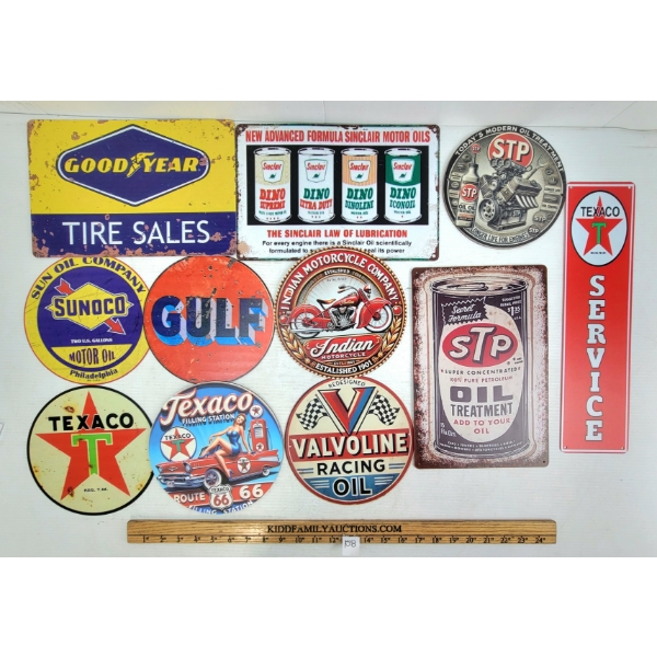 LOT OF 11 - TIN & PLASTIC GARAGE SIGNS - INCL GOODYEAR, TEXACO, STP, ETC