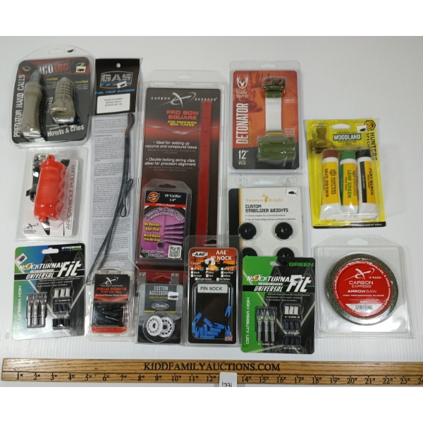 LOT OF 14 - ARCHERY - UNIVERSAL LIGHTED NOCKS, EXCALIBER BOWSTRING, PREDATOR CALLS, ETC