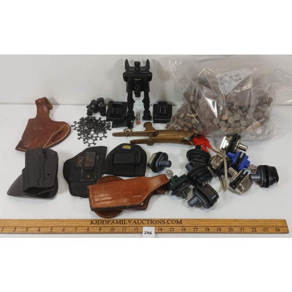 JOB LOT - LEATHER LEG OF MUTTON GUN CASE, CALDWELL BIPOD, 1IN SCOPE RINGS, ETC