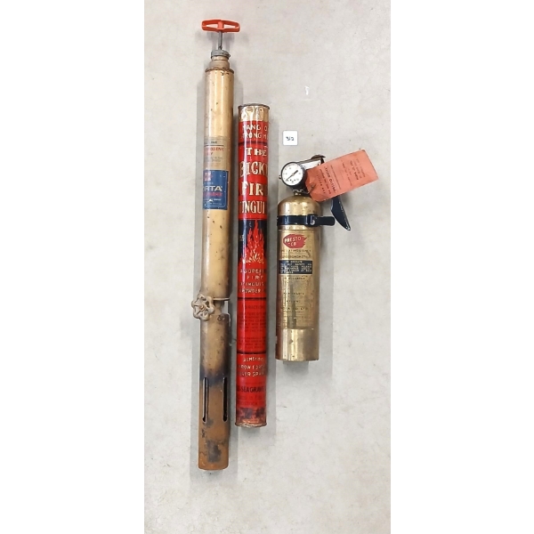 LOT OF 3 - THE BICKLE & PRESTO CB BRASS FIRE EXTINGUISHERS AND PORTA FLAME WEED KILLER
