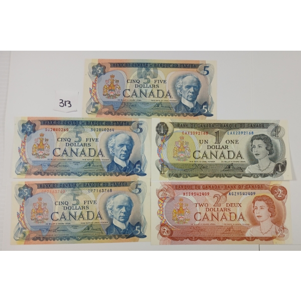 LOT OF 5 - CDN $1, $2 & $5 BANKNOTES - INCL 1972, '73, '74 & '79