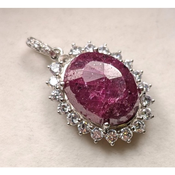 RUBY & CUBIC ZIRCONIA STERLING SILVER PENDANT - OVAL CUT ($5,341)