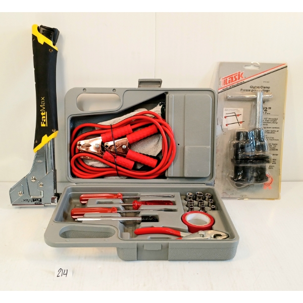 LOT OF 3 - VEHICLE EMERGENCY TOOL KIT, STANLEY FATMAX HAMMER TACKER & TASK 1/2IN GLUING CLAMP