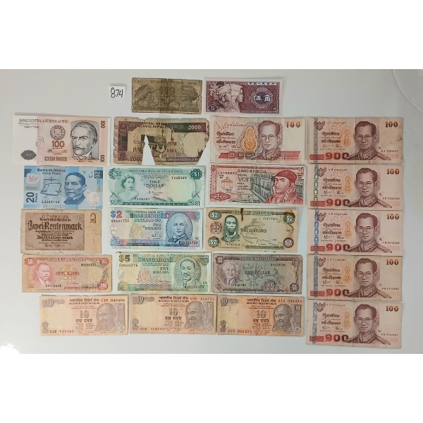 LOT OF 22 - WORLD BANKNOTES - MEXICO, JAMAICA, BAHAMAS, IRAN, REPUBLIC OF ITALY, ETC