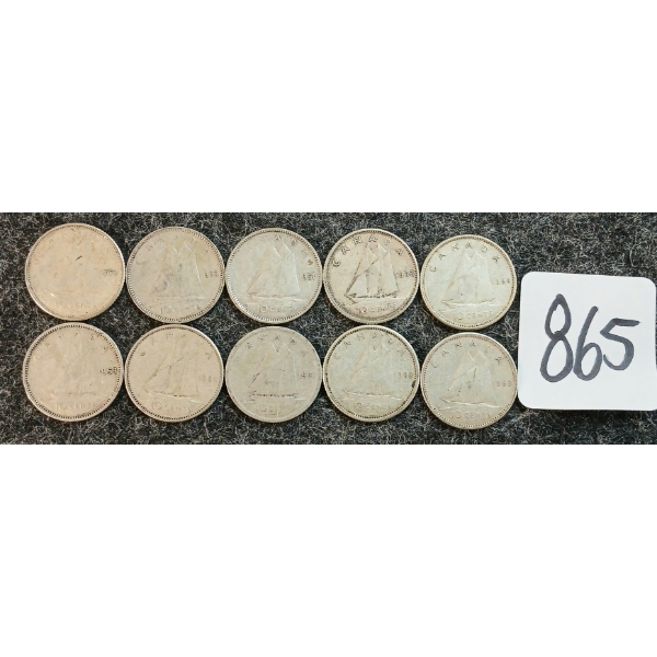 LOT OF 10 - 1941-1966 CDN 10 CENT COINS