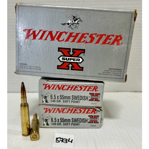 AMMO: 56X LIVE & 4X BRASS WINCHESTER 6.5X55 MM SWEDE 140GR. SP