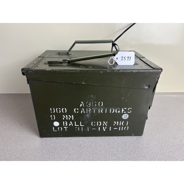 LOT OF 2 - METAL AMMO CANS, 1X NEW 1X MIL SURP 