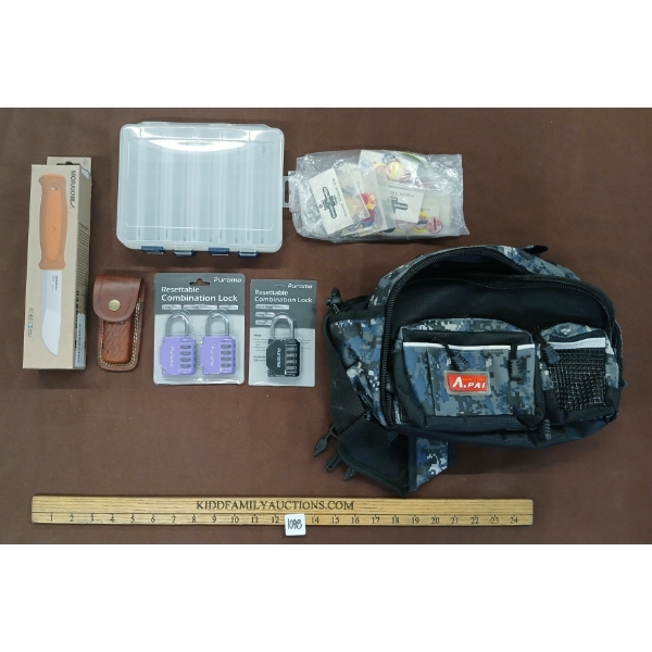 JOB LOT - TACKLE BAG, COMBO LOCKS, FILLET KNIFE, FOLDING KNIFE, ETC