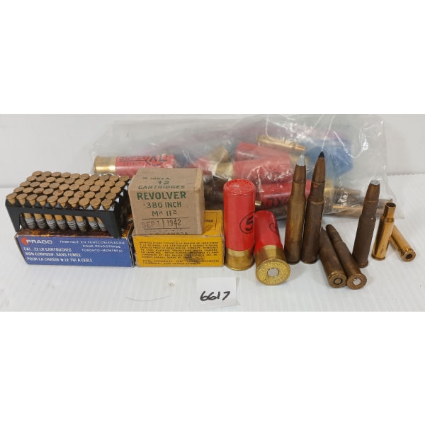 AMMO / BRASS: QTY OF MISC RNDS - INCL 12GA, .380IN, .22 LR, ETC / 8X BRASS