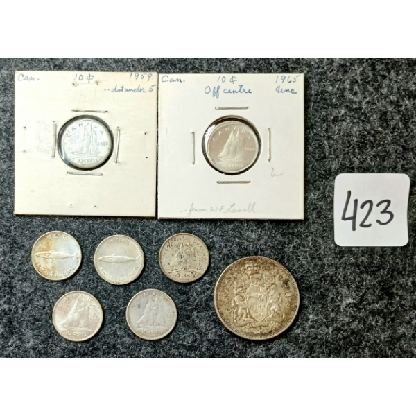 LOT OF 8 - 1963 CDN 50 CENT COIN & 1959-1967 CDN 10 CENT COINS