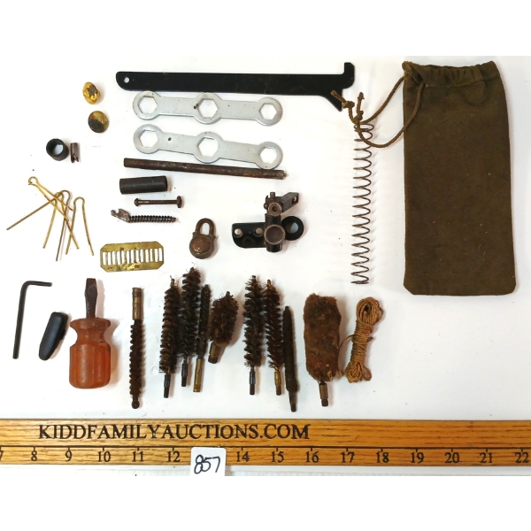 JOB LOT - MISC FIREARM PARTS, SIGHT, TOOLS, CLEANING ACCESSORIES, ETC