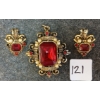 Image 1 : LOT OF 2 - RUBY RHINESTONE & BRASS FILIGREE PENDANT & CLIP-ON EARRINGS