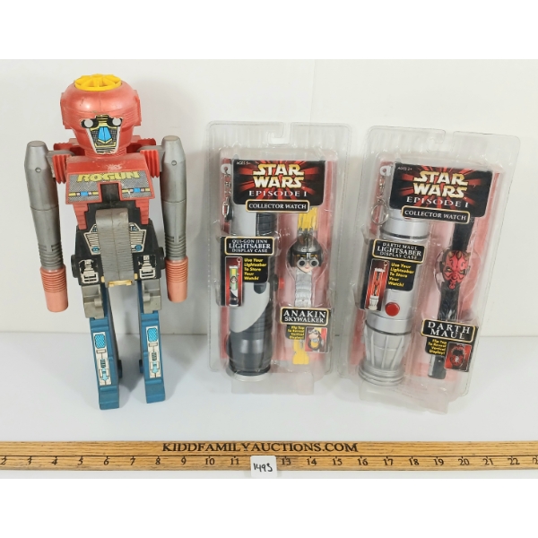 LOT OF 3 - 1999 STARWARS EPISODE 1 LIGHTSABERS & ROGUN ROBOT