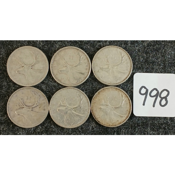 LOT OF 6 - 1950-1965 CDN 25 CENT COINS