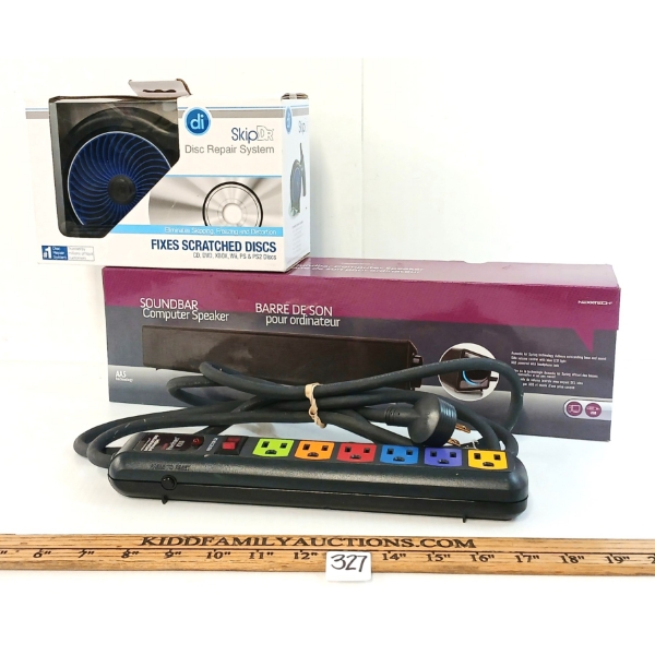 LOT OF 3 - NEXX-TECH SOUNDBAR COMPUTER SPEAKER, SKIP DR DISC REPAIR SYSTEM & PC600 COMPUTER CORD