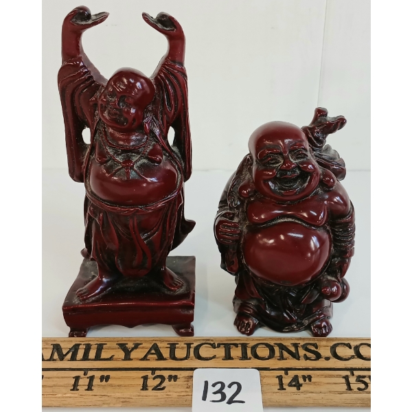 LOT OF 2 - CHINESE RED RESIN LAUGHING BUDDHA STATUES - CIRCA 1970-1990's