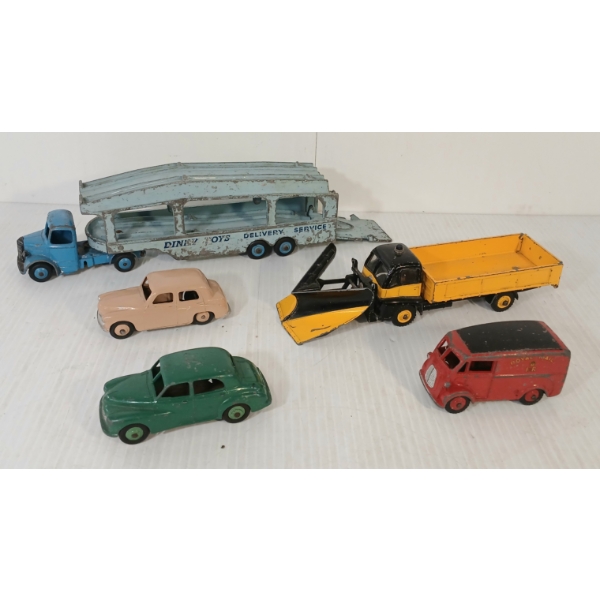 LOT OF 5 - DINKY TOYS DIECAST MODELS - ROYAL MAIL VAN, SNOW PLOUGH & CAR TRANSPORTER W/ CARS