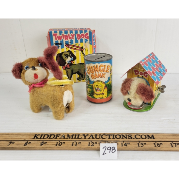 LOT OF 3 - TIN WIND UP DOG HOUSE, TWIRLY DOG TOYS & MORRISON & CO. JUNGLE BANK