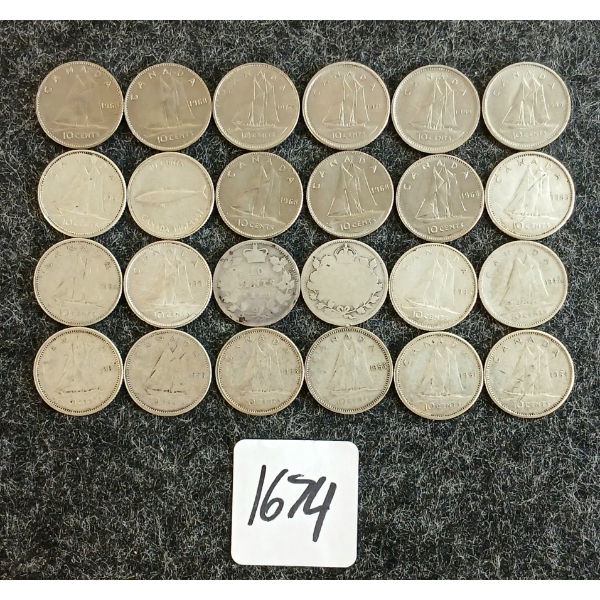 LOT OF 24 - 1888-1972 CDN 10 CENT COINS