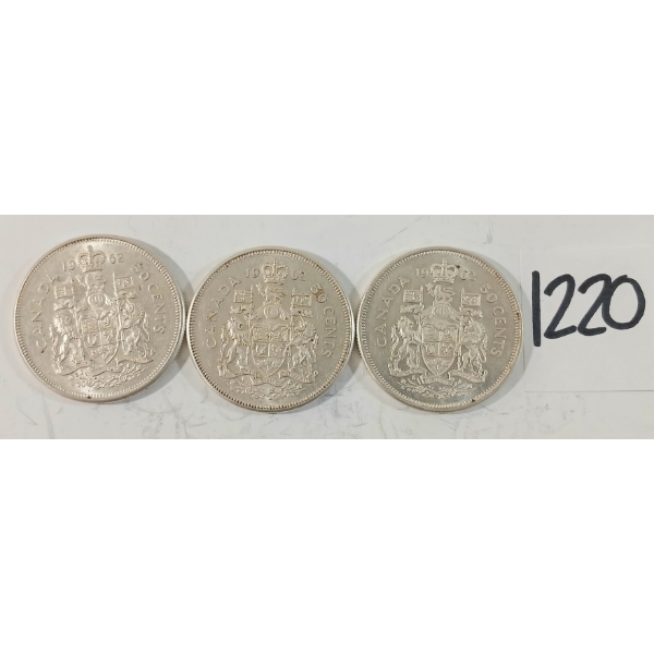 LOT OF 3 - 1962 CDN 50 CENT SILVER COINS
