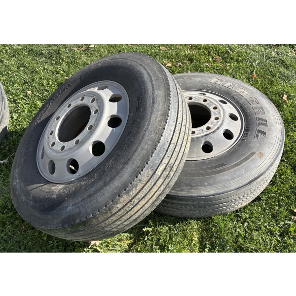 LOT OF 2 - GENERAL AND HANKOOK 11R22.5 ON ALUMINUM RIMS