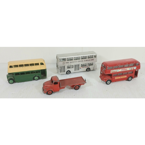 LOT OF 4 - DIECAST BUDGIE & DINKY TOYS VEHICLES - INCL ATLANTEAN BUS, A.E.C. ROUTEMASTER, ETC