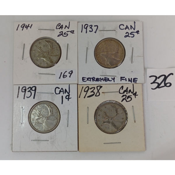 LOT OF 4 - 1937 - '41 CDN 25 CENT SILVER COINS