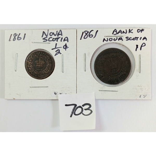 LOT OF 2 - 1861 NOVA SCOTIA 1/2 PENNY & BANK OF NOVA SCOTIA PENNY