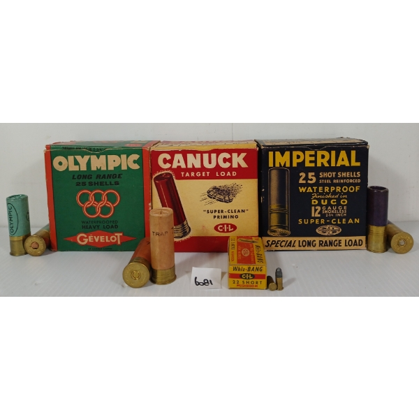 AMMO: 63X MIXED 12GA - 2 3/4IN - #6 & 7 1/2 SHOT / 50X CIL WHIZ-BANG .22 SHORT - COLLECTABLE BOXES