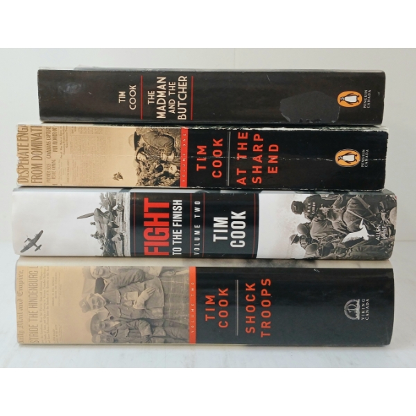 LOT OF 4 - TIM COOK BOOKS - "AT THE SHARP END", "FIGHT TO THE FINISH", "SHOCK TROOPS" ETC