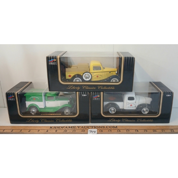 LOT OF 3 - LIBERY CLASSICS 1935 FORD, 1947 INTERNATIONAL & FORD A DIECAST COIN BANKS - ELMIRA SYRUP